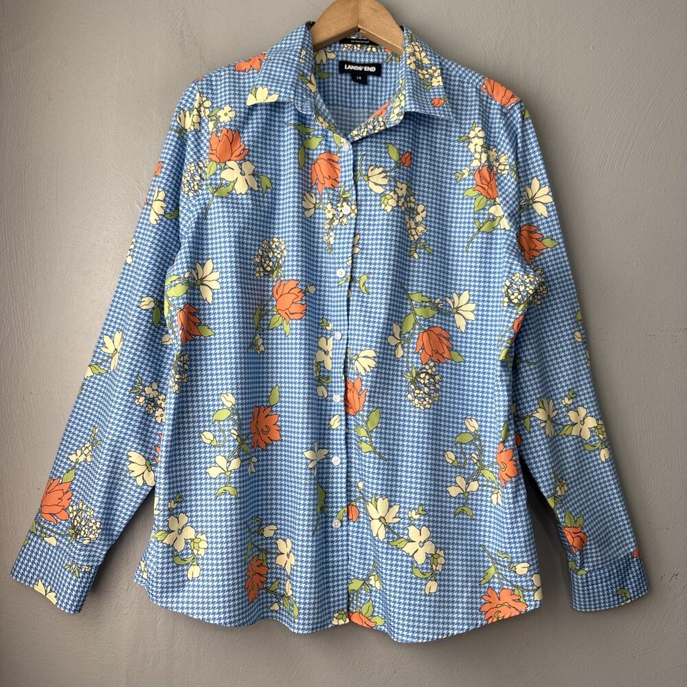 Lands End No Iron Supima Button Shirt Size 14 Blue Houndstooth Floral Retro Twee